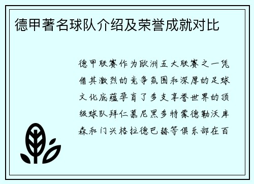 德甲著名球队介绍及荣誉成就对比